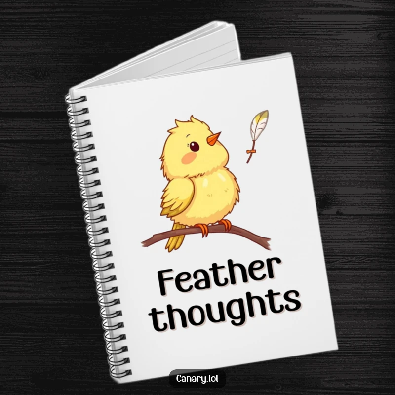 Funny canary bird notebook, surprised bird face, falling feather cover, journal for notes, humorous stationery.