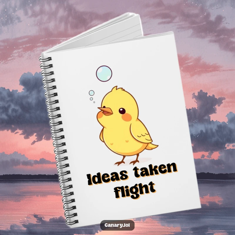 Funny notebook cover with a canary bird blowing a large bubble from its beak, floating upwards, perfect for jotting ideas.