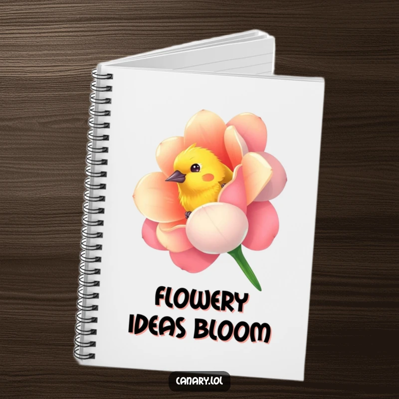 Funny notebook with a curious canary bird playfully peeking from a vibrantly colored flower, perfect for jotting down whimsical ideas.