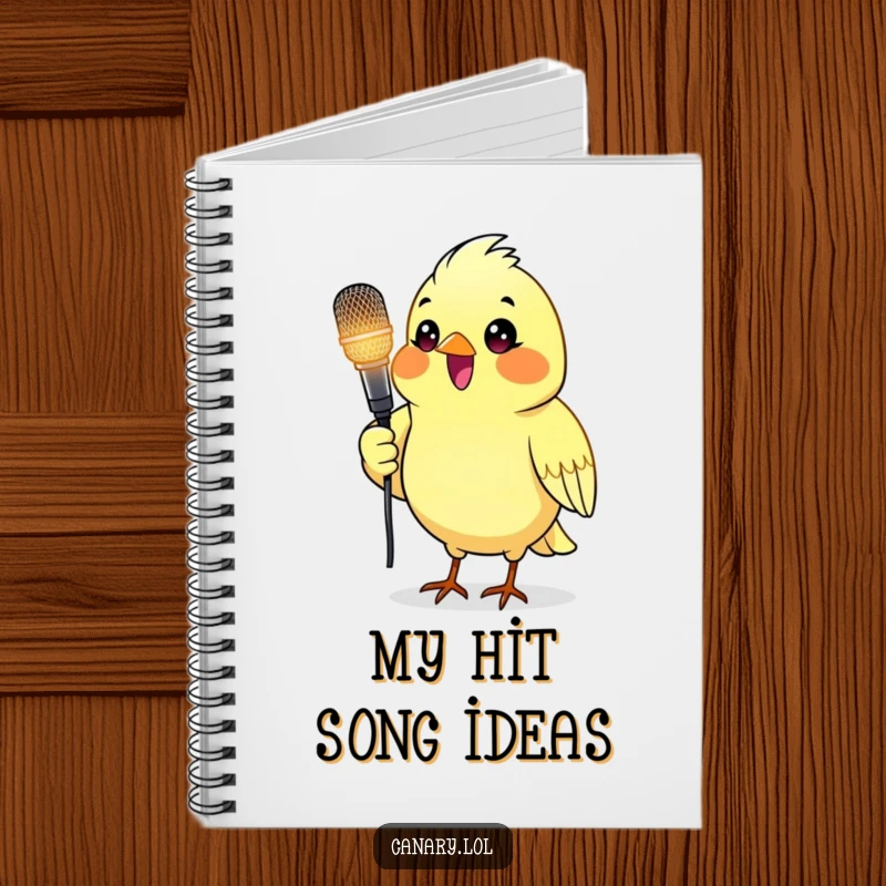 Funny notebook with a canary bird holding a glowing microphone, perfect for songwriting and jotting down ideas.