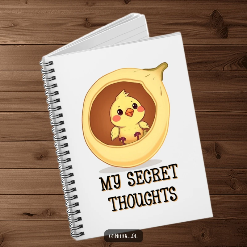Funny canary bird notebook, curiously peeking from a seed pod, perfect for jotting down curious thoughts and nature notes.