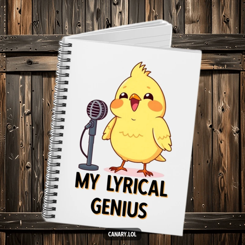 Funny Canary Performance Notebook featuring a beaming canary singing into a microphone, ready for musical notes.