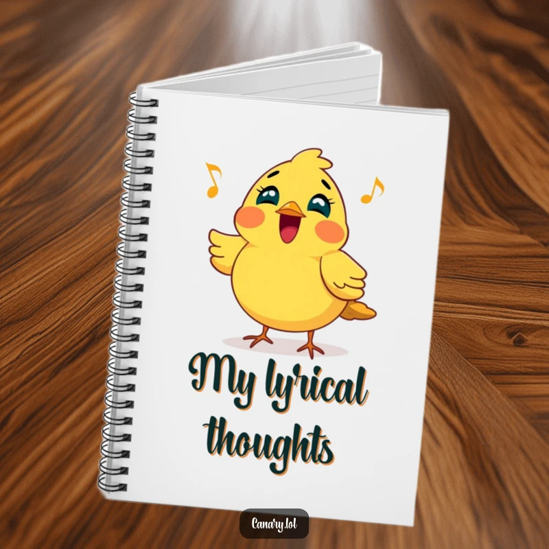 Funny notebook with a cheerful canary bird joyfully singing a bright, melodic tune, perfect for jotting down musical ideas.
