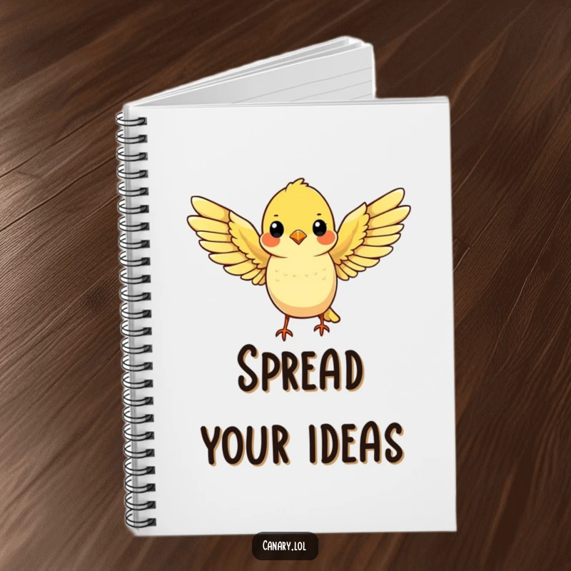 Funny notebook cover with a cute yellow canary spreading its wings wide, ready for flight, perfect for your notes.