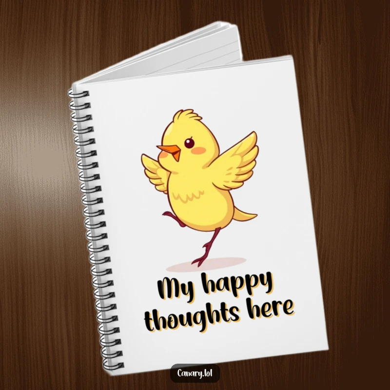 Funny notebook with a canary whose wings are fluttering rapidly, energetically performing a happy dance, ideal for jotting notes with glee.