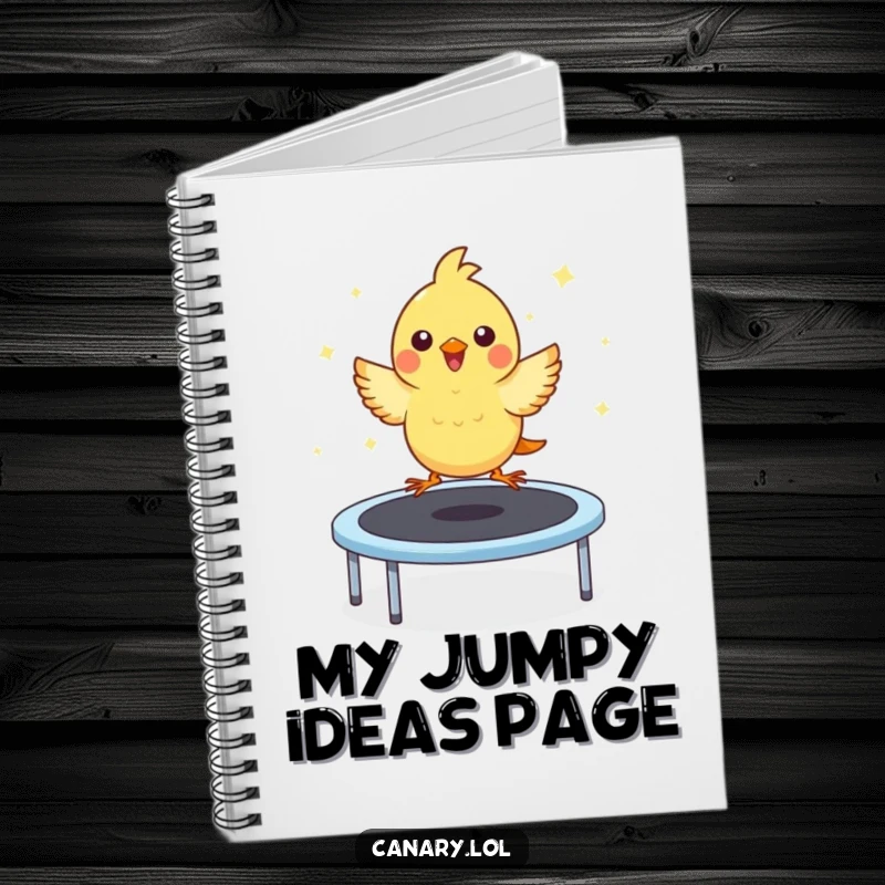 Funny notebook cover with a kawaii canary joyfully bouncing on a trampoline, inspiring bubbly thoughts and happy scribbles.