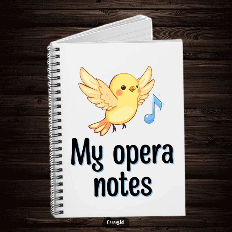 Funny musical canary notebook, cute bird with wings spread, near a sparkling musical note, for writing and drawing.