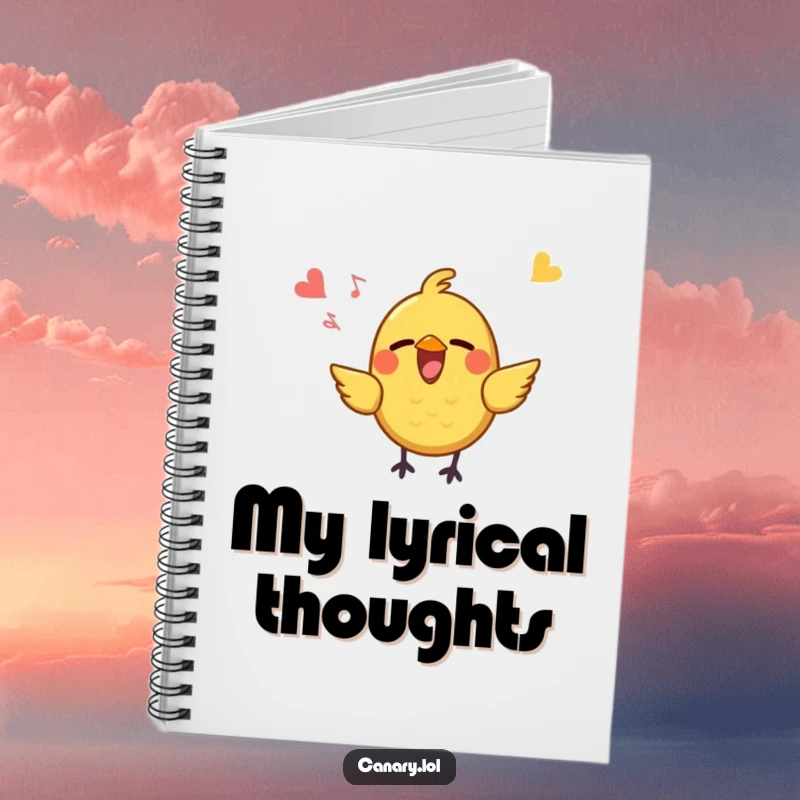 Funny Notebook featuring a small, yellow bird with an open beak singing joyfully, perfect for jotting down musical ideas and creative thoughts.