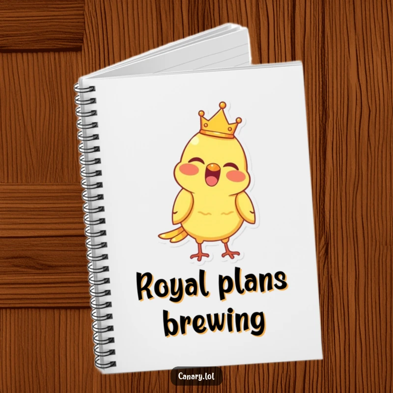 Funny Notebook with a joyful canary bird wearing a tiny crown, chirping merrily, for capturing notes.