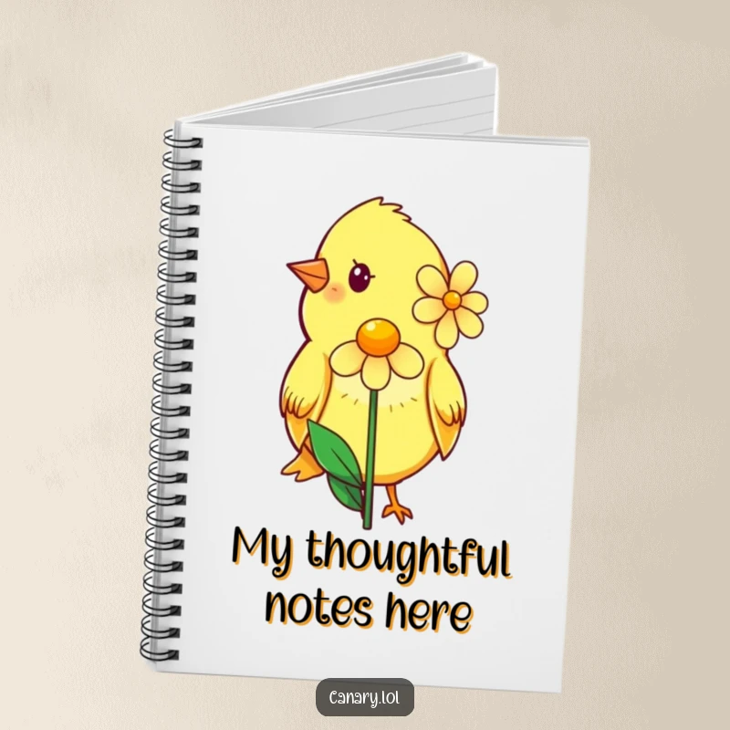Funny notebook cover with a shy canary offering a single flower, inspiring gentle thoughts and kind words.
