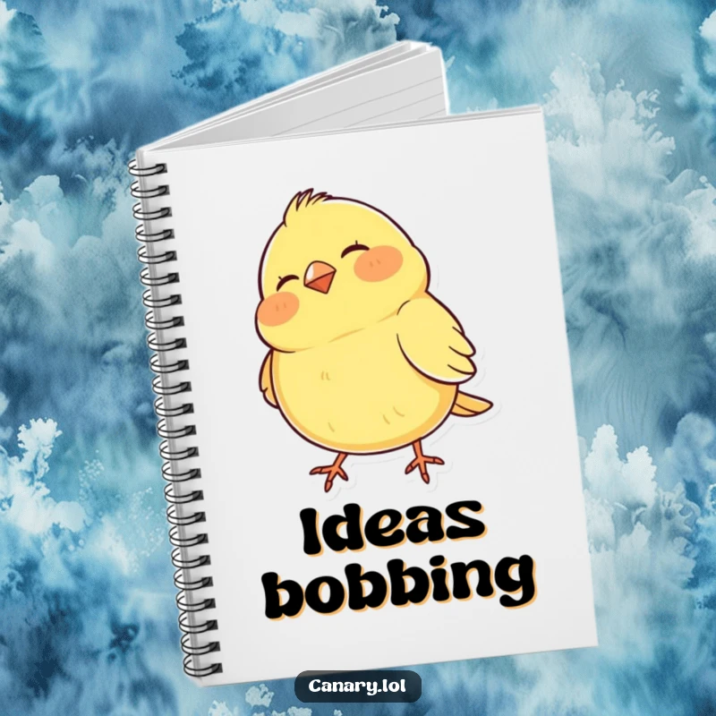 Funny Notebook with a happy canary featuring puffed cheeks, rhythmically bobbing its head, perfect for journaling with humor.