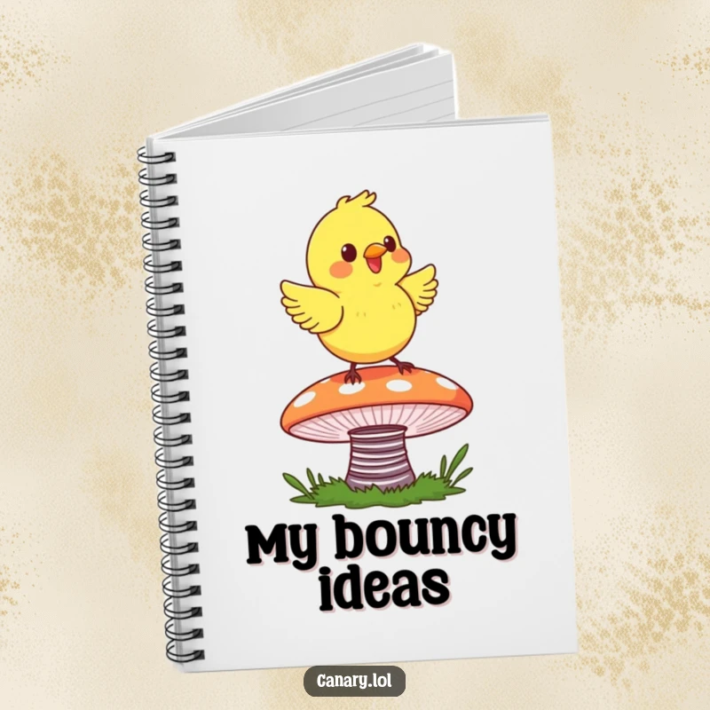Funny Canary Bounce Notebook featuring a happy canary bouncing on a mushroom, ready for your creative notes.