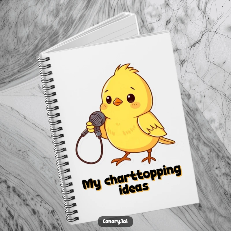 Funny Notebook cover with a tiny yellow canary dramatically posing with a twig microphone, inspiring musical creativity humorously.
