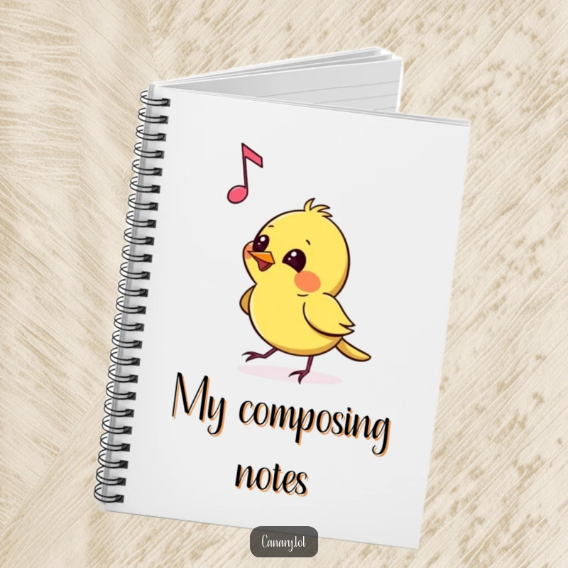 Funny Notebook featuring a canary pecking at a floating musical note with mischievous glee, perfect for jotting down song ideas and playful compositions.