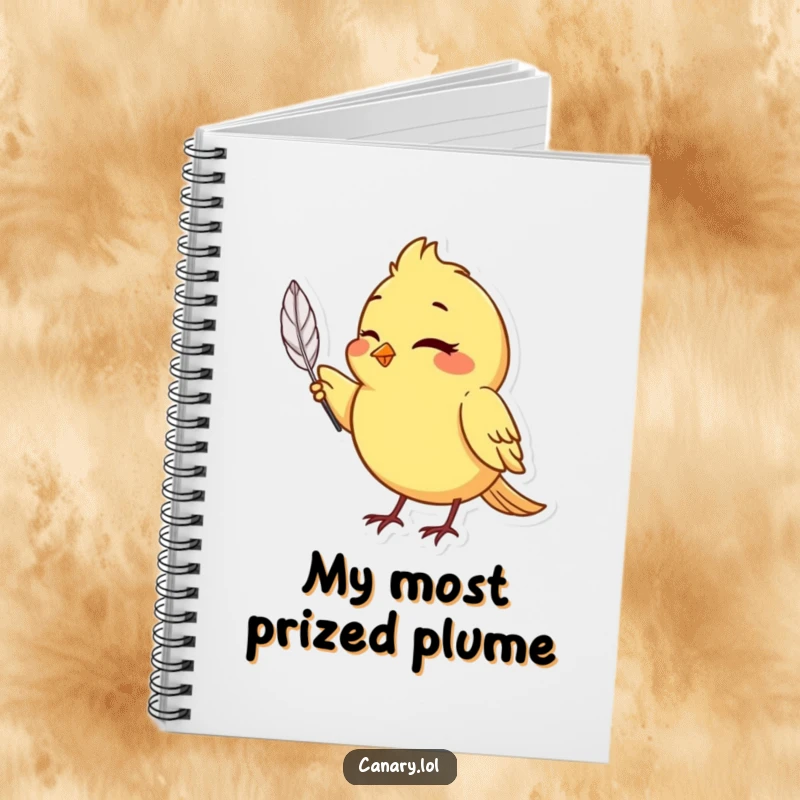 Funny canary bird notebook cover, winking and holding a single, perfect feather, for creative minds.