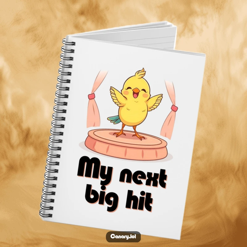 Funny notebook with an illustration of a joyful canary dancing on a miniature stage, ideal for notes, sketches, and creative writing.