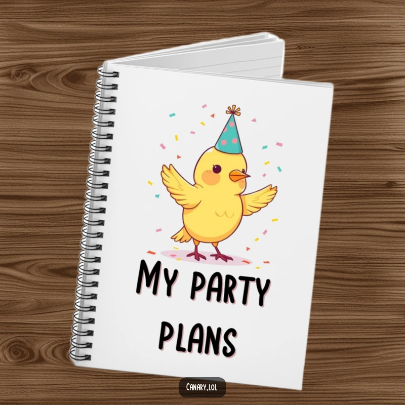 Funny notebook with a canary bird juggling confetti, perfect for planning events and jotting down ideas.