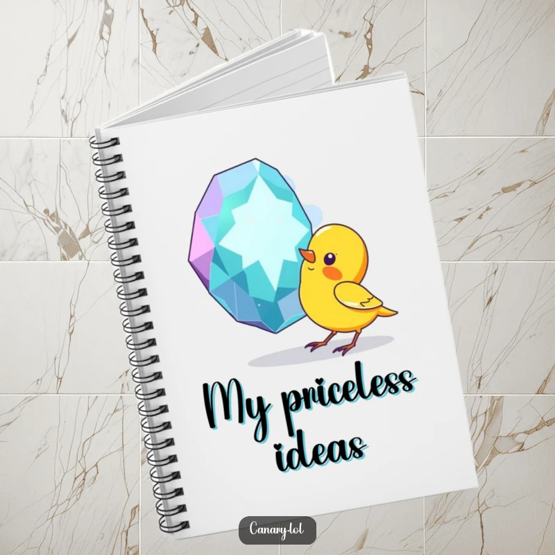 Funny notebook cover with a curious canary bird pecking at a large, sparkling gem, perfect for jotting down humorous ideas.