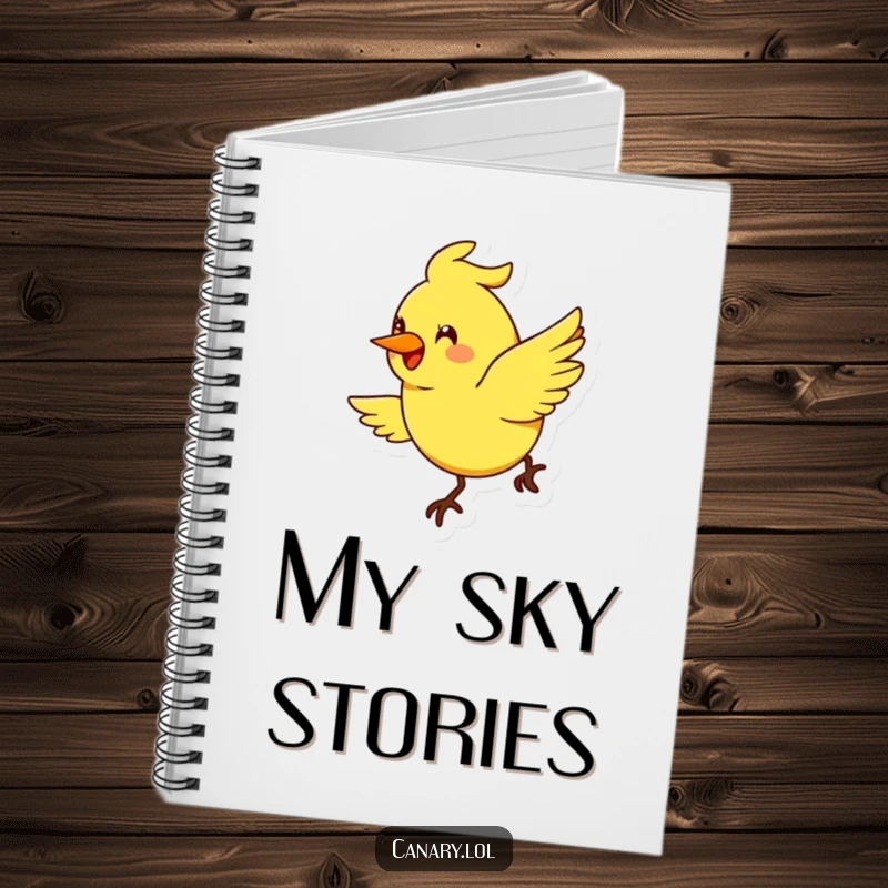 Funny stylized canary bird notebook, exaggerated smile, flying in a cheerful arc, joyful journal, bird lover stationery.