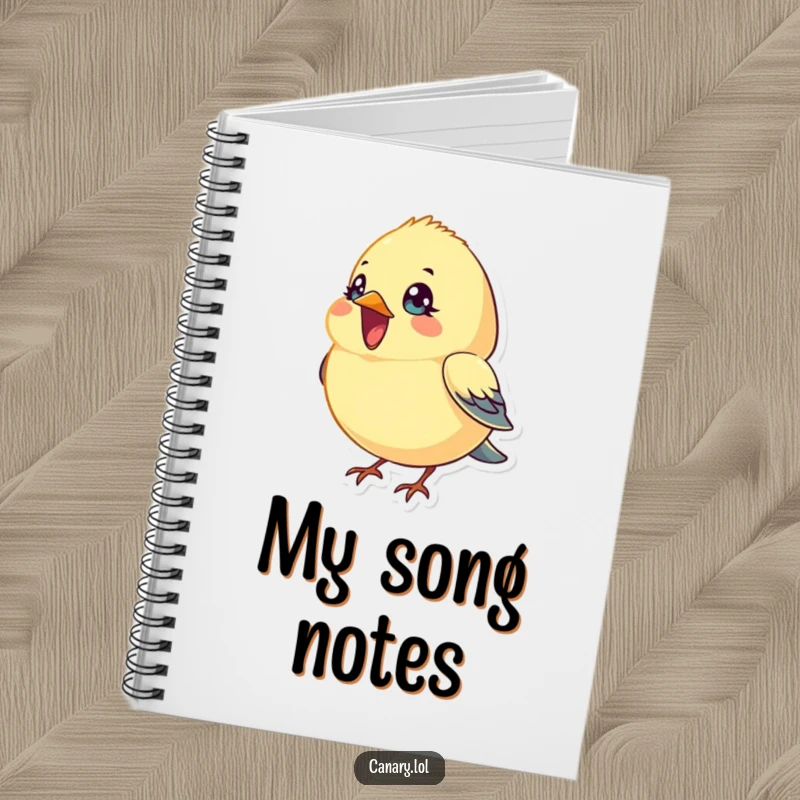 Funny Notebook: A tiny, round canary bird with bright eyes sings with its beak open, inspiring cheerful note-taking and creative expression.