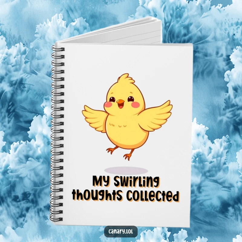 Funny notebook cover with a happy canary spinning in a circle with wings flapping, inspiring energetic thoughts and creative ideas.