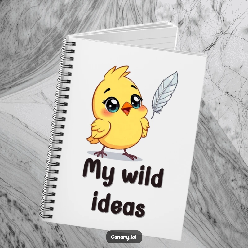 Funny astonished canary bird notebook, wide eyes, staring at a floating feather. Ideal for journaling and capturing surprising thoughts.
