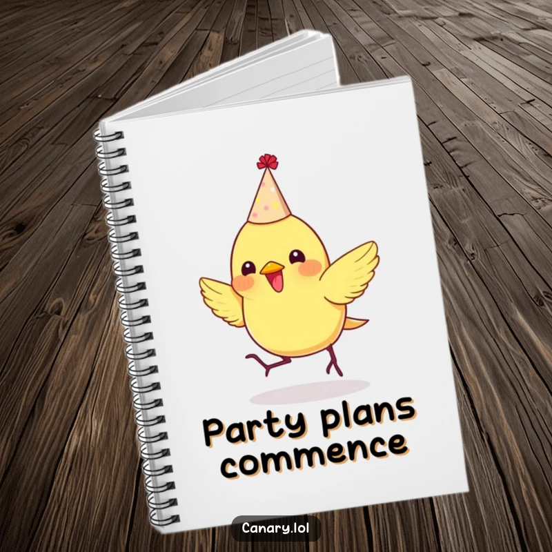 Funny notebook featuring a tiny canary wearing a party hat, bouncing enthusiastically, perfect for jotting down party ideas.