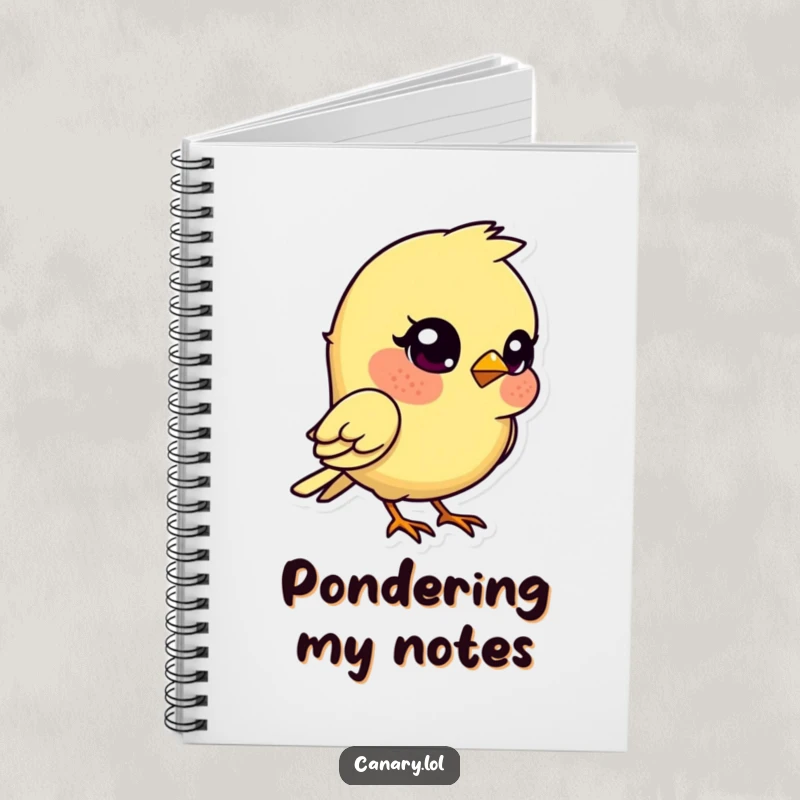 Funny kawaii canary bird notebook, head tilted quizzically, a humorous and functional item for notes.