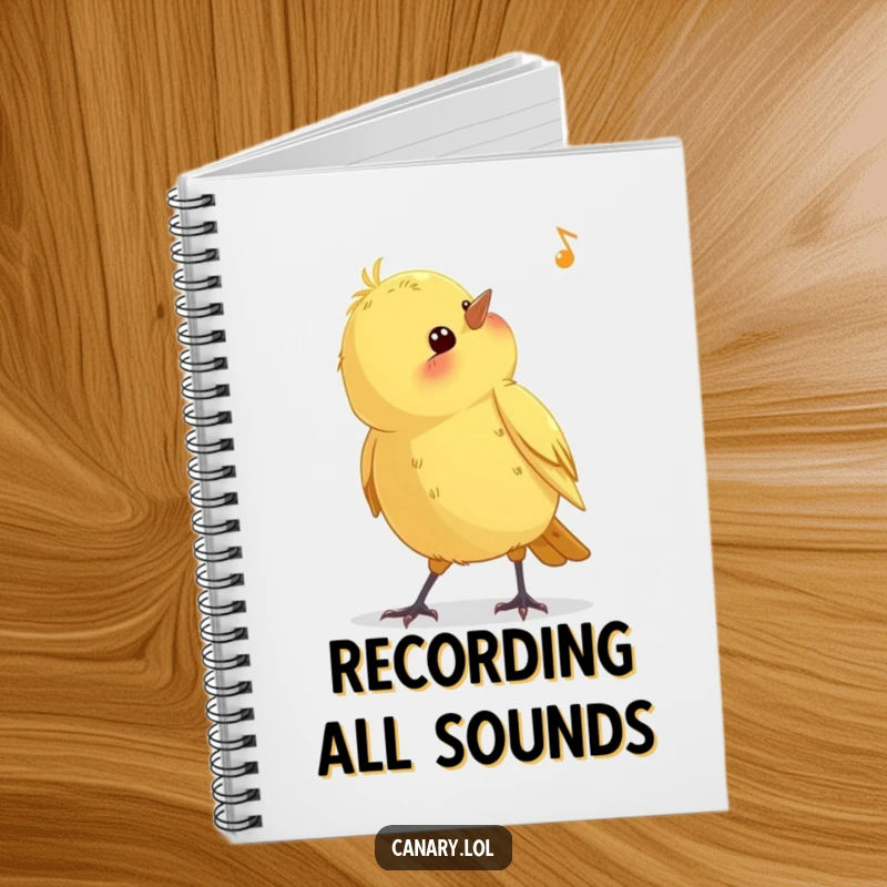 Funny curious canary bird notebook, head tilted listening, perfect for writing and drawing, a humorous and practical gift for students.