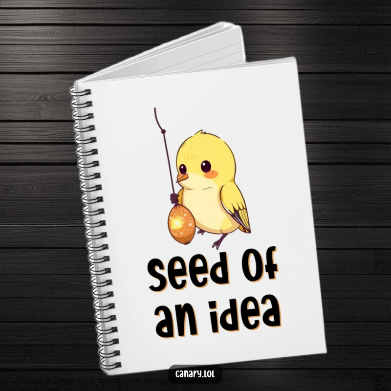 Funny Notebook with a curious canary bird focused on pecking a dangling, sparkling seed, perfect for capturing ideas.