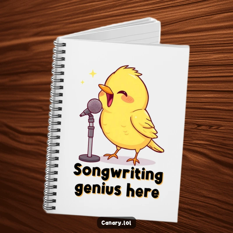 Funny Notebook: A canary beams with enthusiasm, singing into a microphone, inspiring musical notes and humorous journaling.