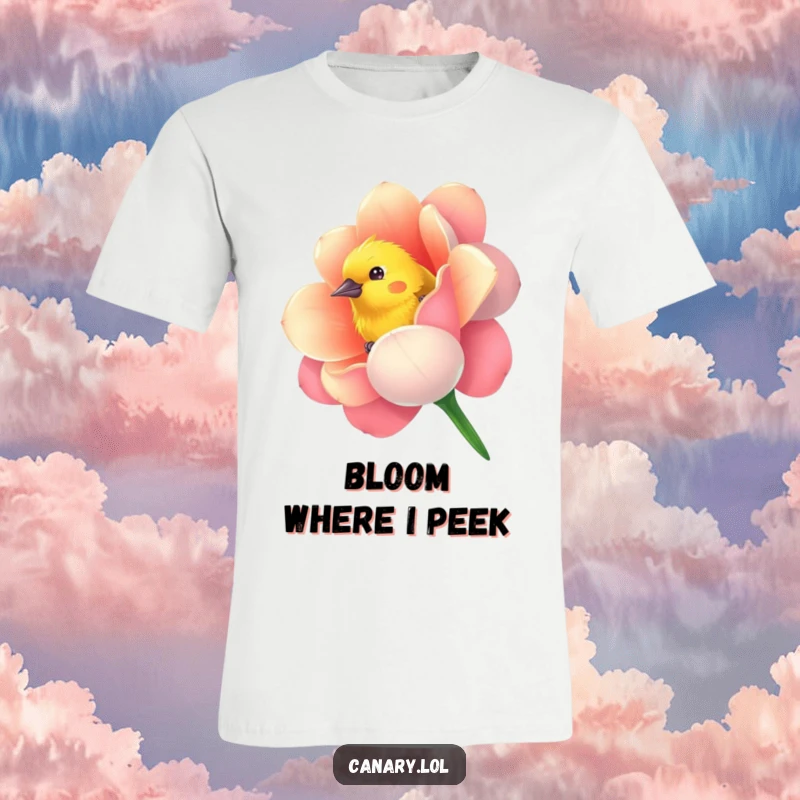 Funny t-shirt with a curious canary bird peeking from a vibrantly colored flower, highlighting playful curiosity and floral charm.