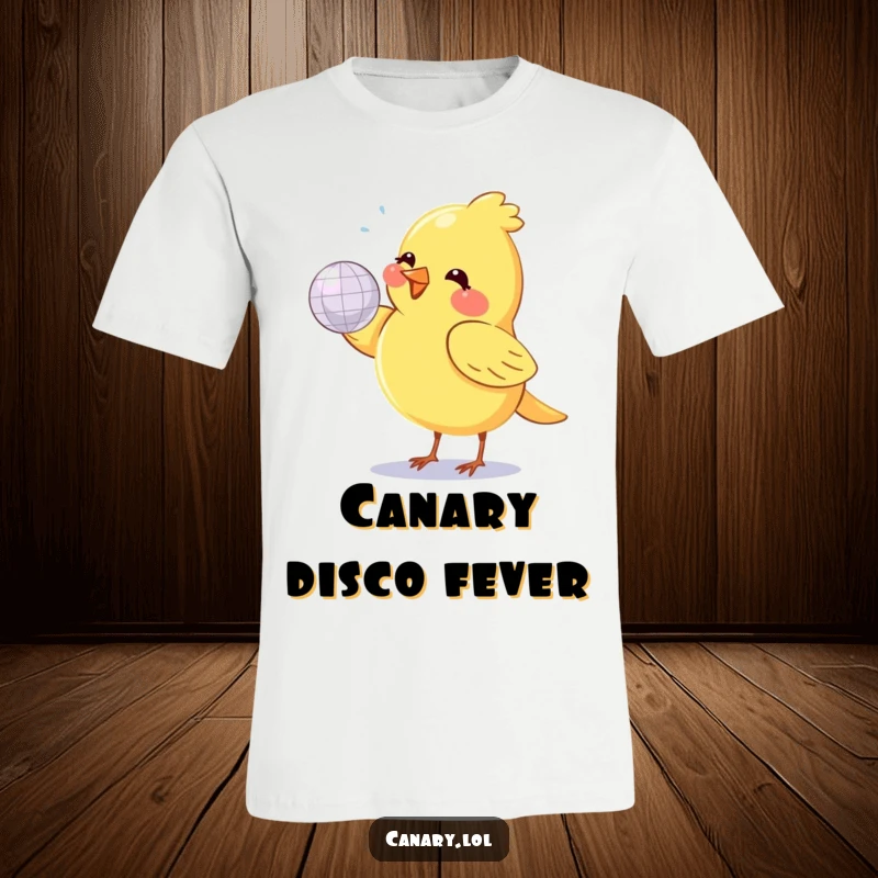 Funny canary bird, depicted as small and round, spinning a shiny disco ball on a t-shirt.