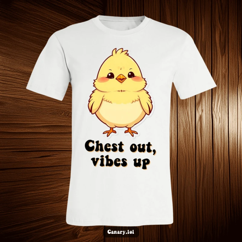 Funny T-shirt graphic of a chubby yellow canary proudly puffing its chest, conveying a sense of accomplishment.