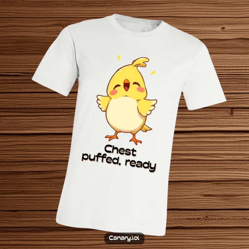 Funny proud canary t-shirt featuring a bird puffing its chest out with a proud chirp, embodying comical confidence and celebratory spirit.