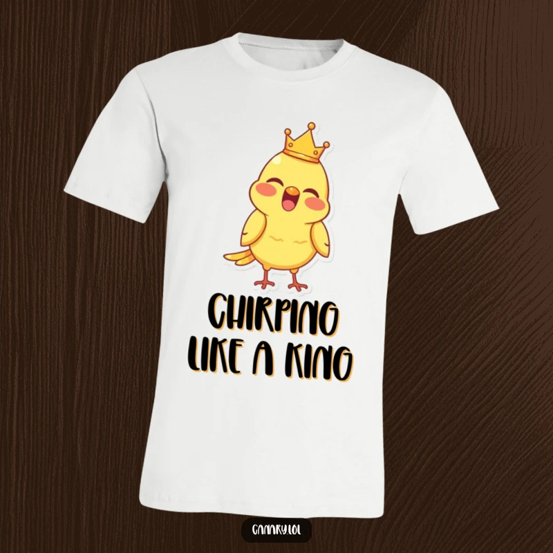 Funny T-Shirt depicting a joyful canary bird adorned with a tiny crown, singing happily.