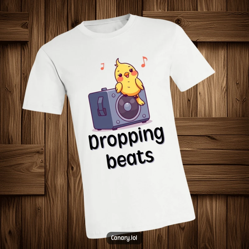 Funny t-shirt featuring a happy canary bird bobbing its head to music while perched on a speaker, promoting fun.