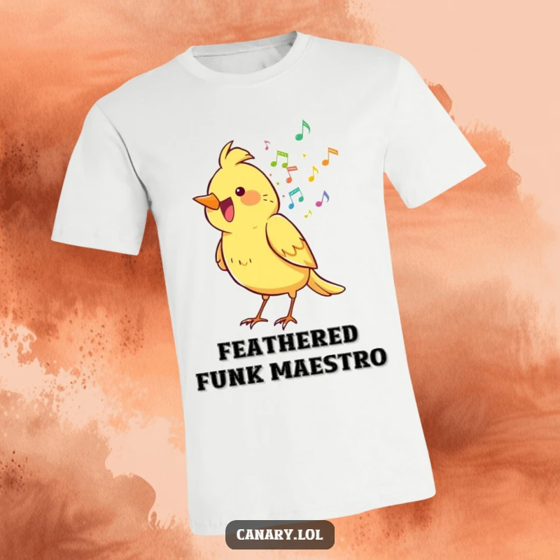 Funny canary bird on a t-shirt, joyfully spilling a rainbow of musical notes from its beak.