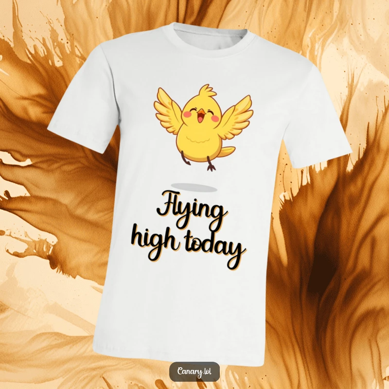 Funny T-Shirt: A happy canary bird with fully spread wings launches into a joyful leap, symbolizing freedom and exuberance.