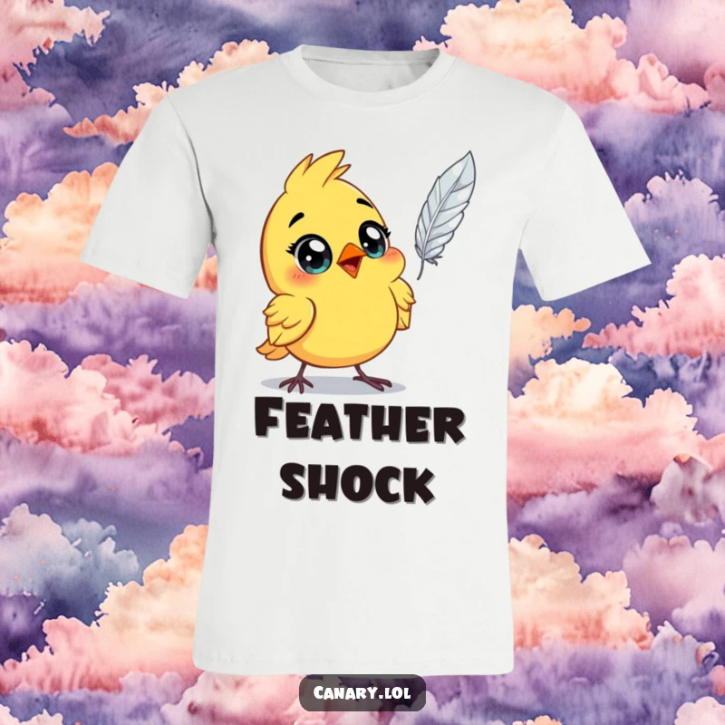 Funny astonished canary bird t-shirt, wide eyes, jaws dropped, watching a feather drift down. Captures a moment of pure shock.