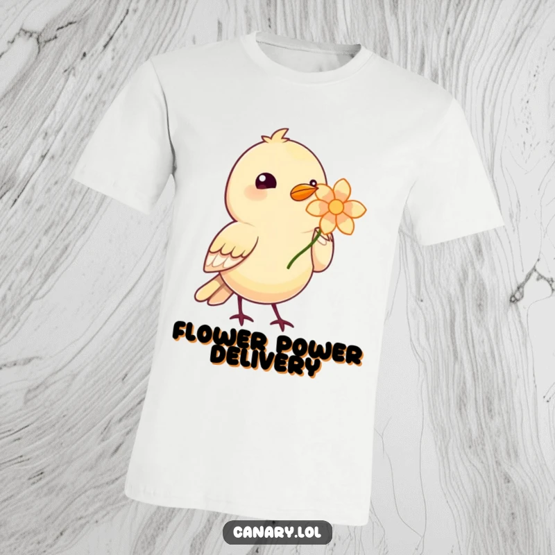 Funny Bird Bloom T-Shirt showing an adorable bird presenting a vibrant, single flower held delicately in its beak.