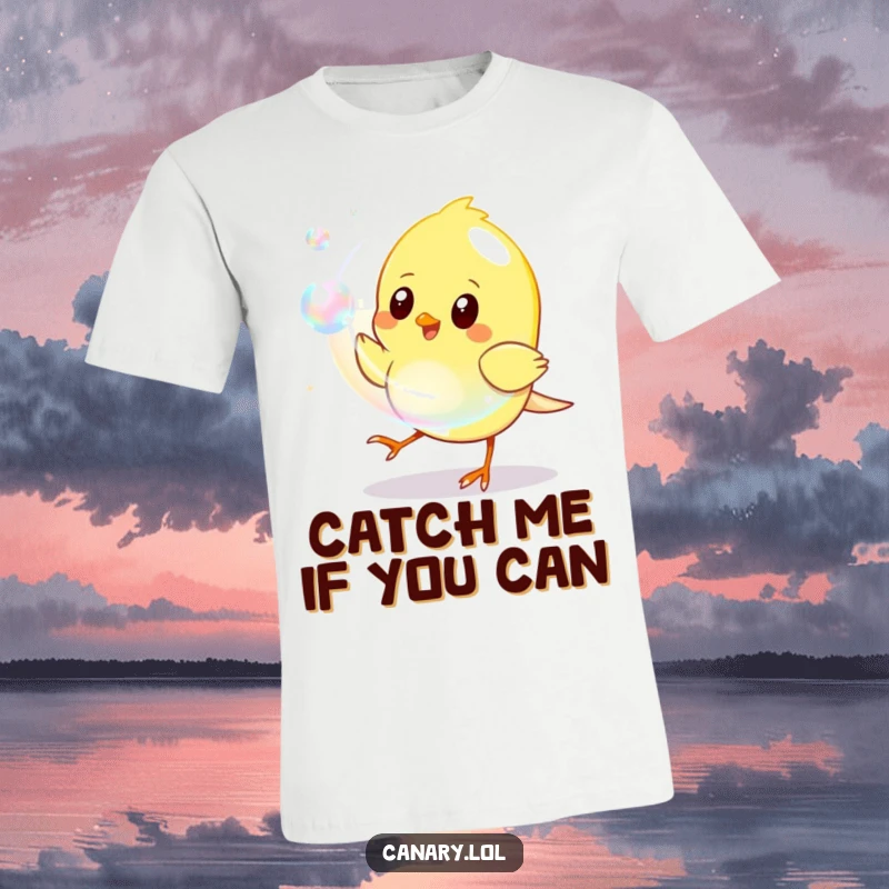 Funny T-Shirt print of a yellow canary in mid-air, playfully chasing a shimmering iridescent bubble, embodying joyful pursuit.
