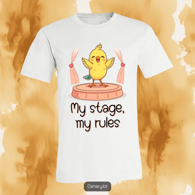 Funny t-shirt depicting a vibrant yellow canary doing a cheerful little dance routine on a tiny, spotlighted stage.