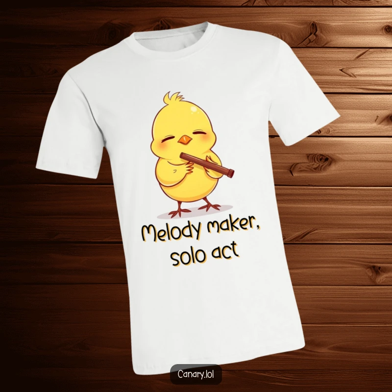 Funny T-shirt showcasing a content canary with eyes closed, happily playing a miniature flute, creating a peaceful and joyful melody.