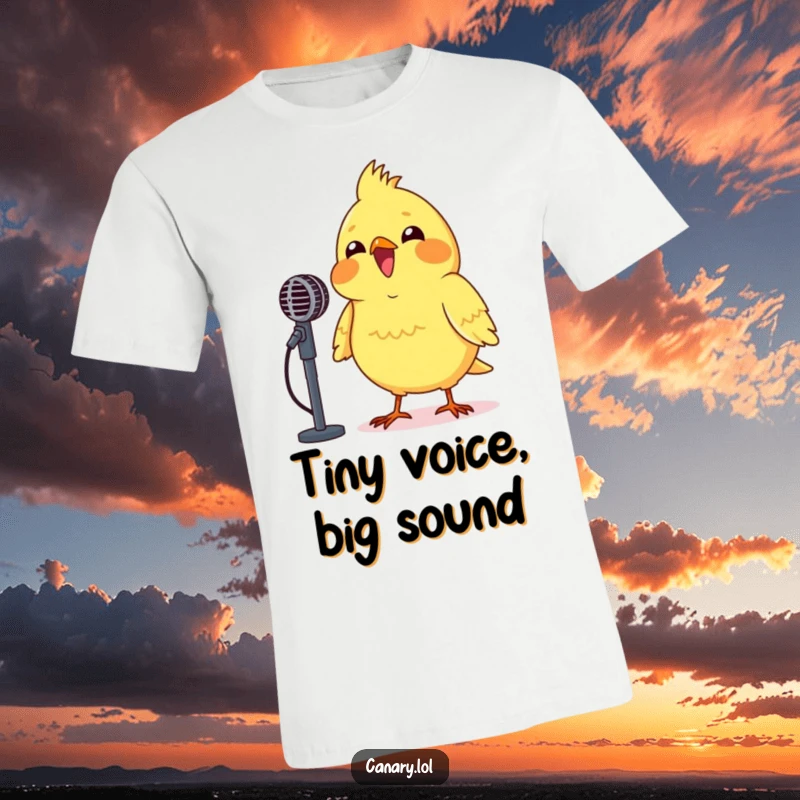 Funny Canary Microphone T-Shirt featuring a cheerful yellow bird enthusiastically singing into a tiny microphone, beaming with pride.