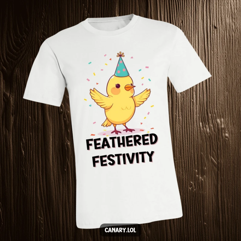 Funny t-shirt with a canary bird in a party hat juggling bright confetti, perfect for festive occasions.