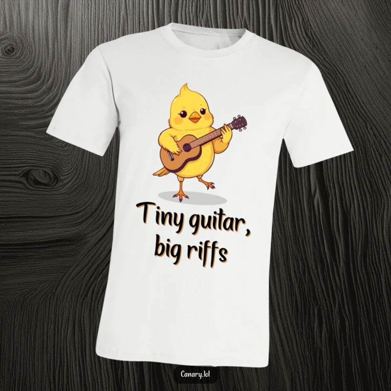 Funny Canary Rocker T-Shirt depicting a small canary skillfully playing a tiny guitar with its feet, totally grooving.