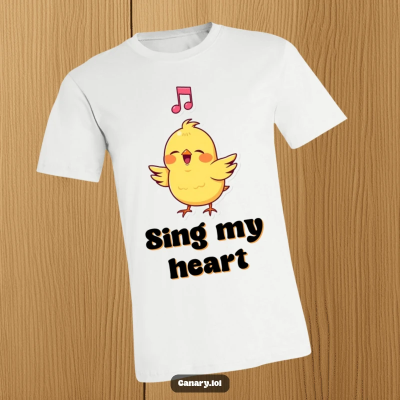 Funny Canary T-Shirt: Vibrant bird singing loudly with a conspicuous musical note, perfect for music lovers.