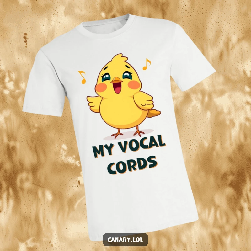 Funny t-shirt with a cheerful canary bird puffing its chest out, joyfully singing a bright tune, highlighting happy and musical personality.