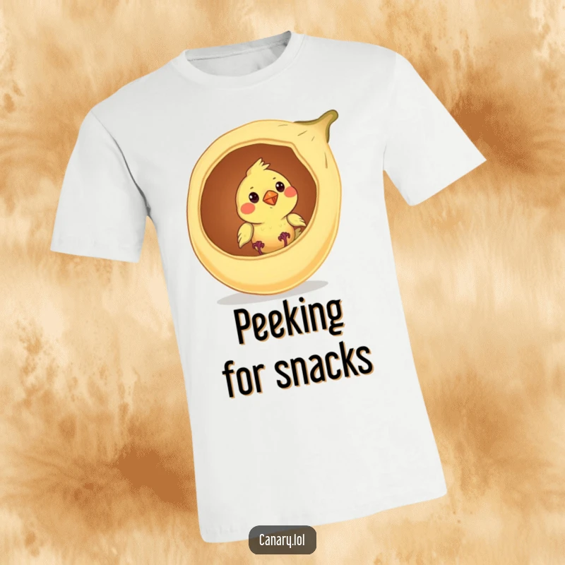 Funny canary bird t-shirt, curiously peeking out from a large, vibrant, open seed pod, highlighting nature's fun.
